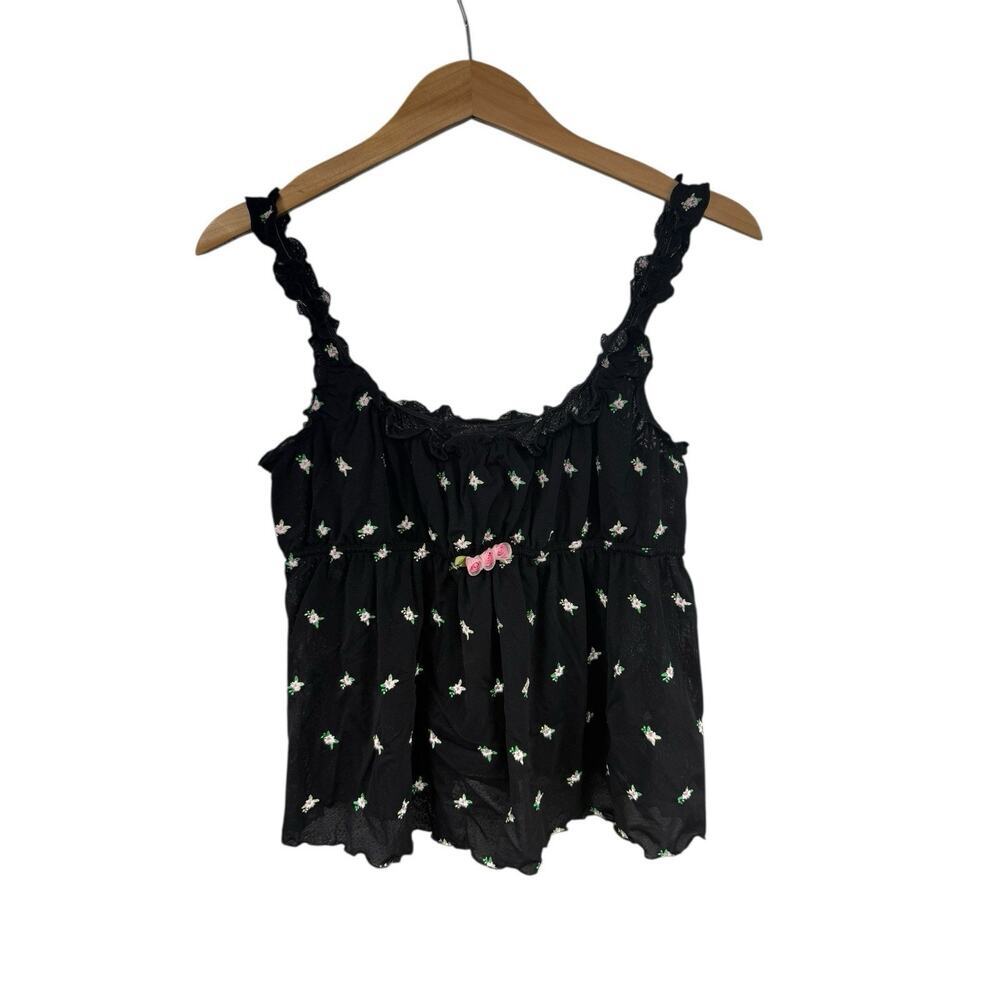 Victoria’s Secret Black Mesh Rosette Babydoll Style Top Coquette Princess L